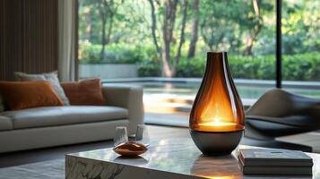 A vase with a candle sitting on a table in a living room photo