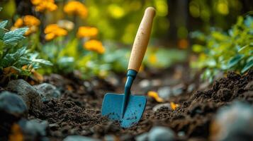 Garden shovel resting in freshly turned soil surrounded by colorful flowers in a serene outdoor setting photo