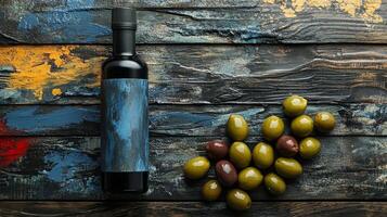 Olive oil bottle and olives on wooden background photo