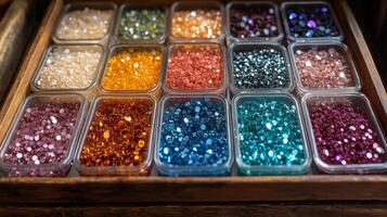 A wooden box filled with colorful beads photo