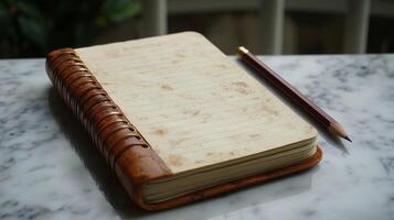 A notepad and pencil sitting on a marble table photo
