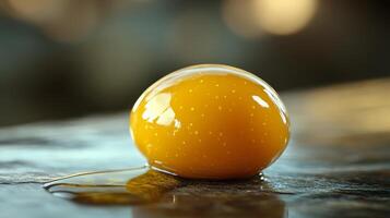 An egg sitting on a table with a drop of oil photo
