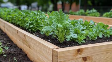 A raised garden bed with plants growing in it photo