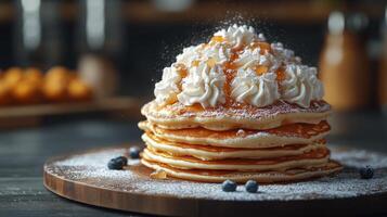 A stack of pancakes with whipped cream and blueberries photo