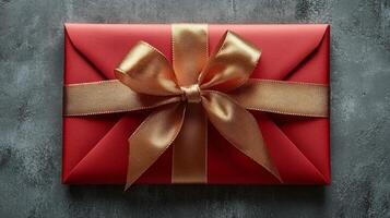Red gift box with gold ribbon on dark background photo