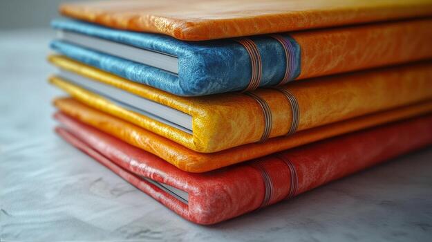 A stack of colorful books on a white surface photo