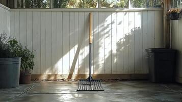 A rake is leaning against a wall in a backyard photo