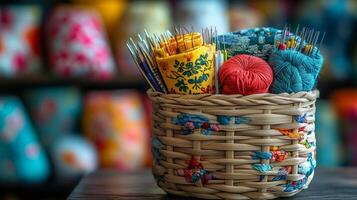 A basket filled with knitting needles and yarn photo