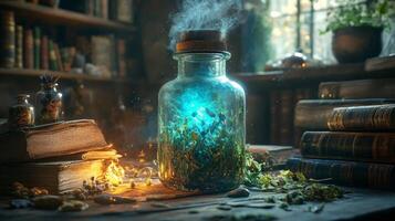 A bottle filled with smoke and plants on a table photo