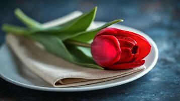 A single red tulip on a white plate photo