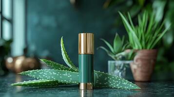 A green lipstick and aloe vera on a table photo