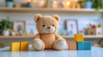 A teddy bear sits next to blocks on a table photo