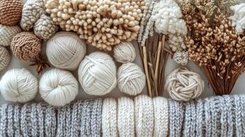 Various yarns and yarns on a white surface photo