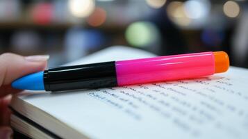 A person holding a pen with a bright blue and pink tip photo