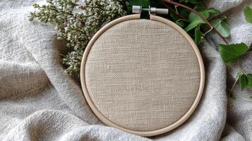 A wooden hoop with a linen fabric on top photo