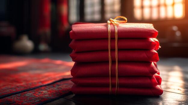 A stack of red envelopes sitting on a wooden floor photo