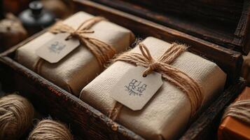 Two boxes of soap wrapped in twine photo