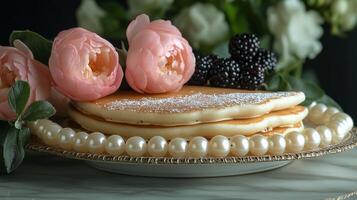 A stack of pancakes on a plate with flowers photo