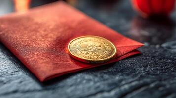 A gold coin sitting on top of a red cloth photo