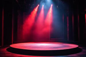 A stage with red lights and a circular stage photo