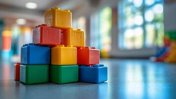 A pile of colorful plastic blocks on a floor photo