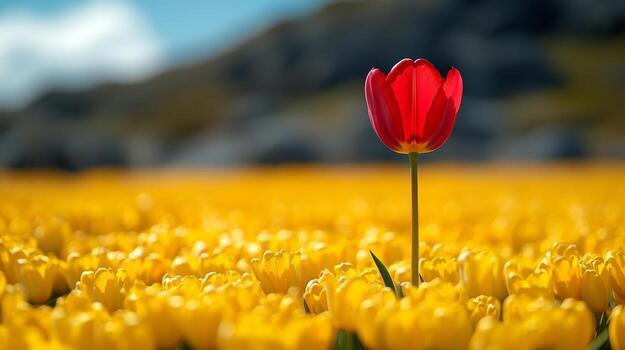 A single red tulip stands out in a field of yellow flowers photo