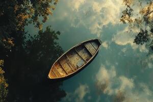 A boat floating in the water with trees and clouds photo
