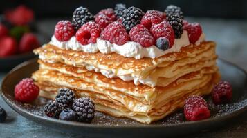 A stack of pancakes with berries and cream photo