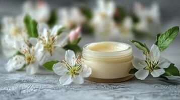 A jar of cream with flowers and leaves photo