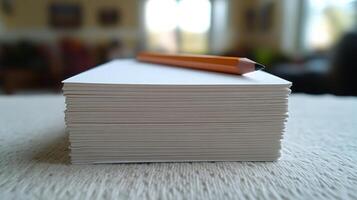 A stack of white paper with a pencil on top photo