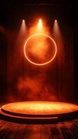 An empty stage with a spotlight and smoke photo