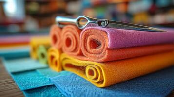 A pair of scissors and a stack of colorful felt photo