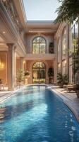 Elegant indoor swimming pool with large windows in a luxurious mansion during daylight photo