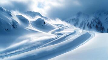 A snow covered mountain with a trail of skis photo
