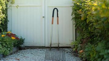 A large metal rake standing in a garden photo