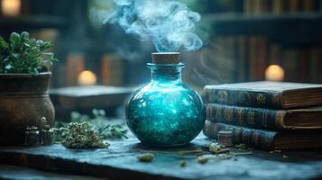 A bottle of blue liquid with smoke coming out of it photo