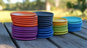 A stack of colorful plastic discs on a wooden table photo