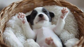 A puppy laying in a basket with its paws up photo