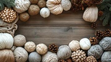 A wooden background with balls of yarn and pine cones photo