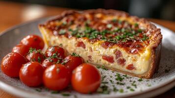 A slice of quiche with tomatoes and herbs photo