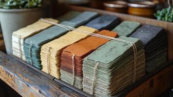 A display of colored paper on a wooden shelf photo