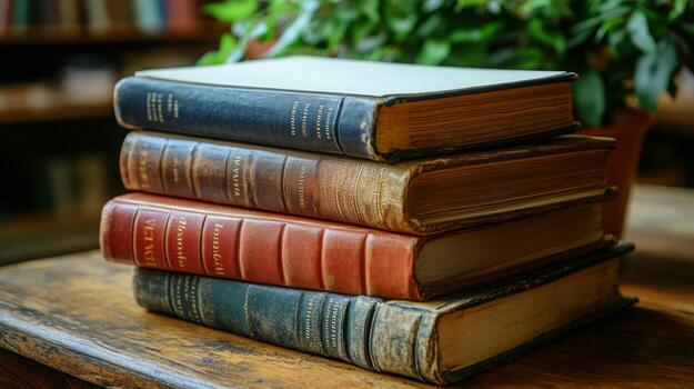 Stack of old books on a wooden table photo