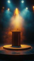A stage with a microphone and spotlight photo