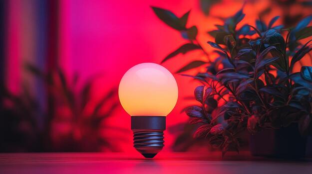 A light bulb is lit up in front of a plant photo