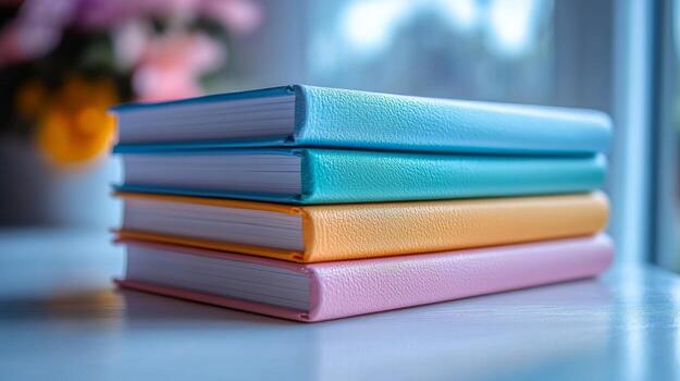 Stack of colorful books on a table photo