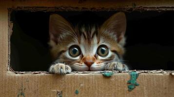 A kitten peeking out of a cardboard box photo