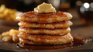 A stack of pancakes with syrup and butter on top photo
