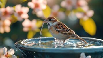A bird is drinking water from a bird bath photo