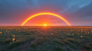 A rainbow is seen over a field of yellow flowers photo