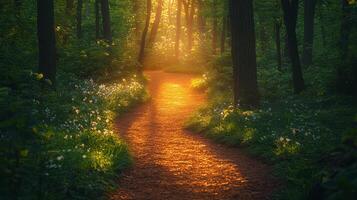 Golden sunlight filtering through trees on a serene forest path in the early morning photo